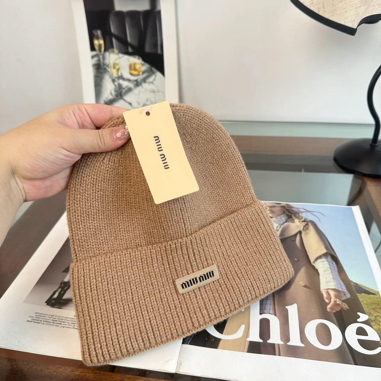 Miu Miu Ribbed Beanie in Tan · view 6