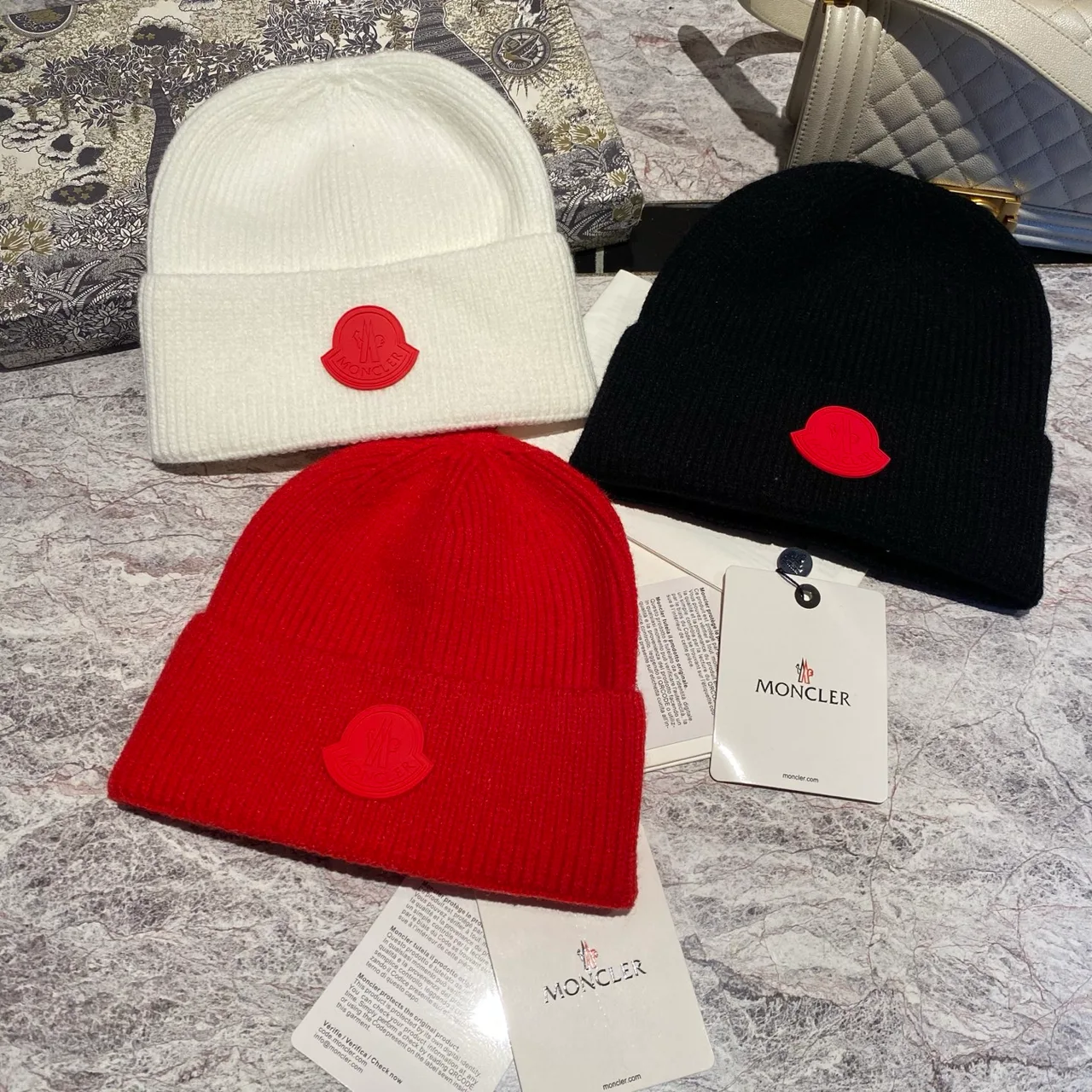 Moncler Beanie in Red & White & Black · view 8