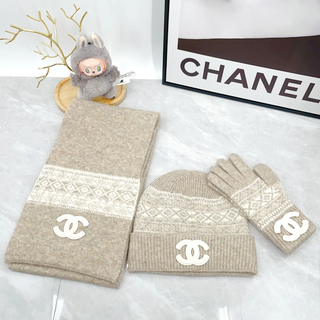 Chanel 50% Wool 50% Acrylic Ribbed Beanie, Scarf and Gloves Set in Beige · view 1