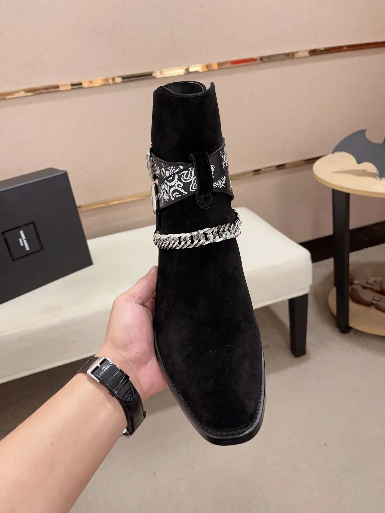 AMIRI Cowhide Suede-Look Pointed-Toe Bandana Strap Ankle Boots in Black · view 2