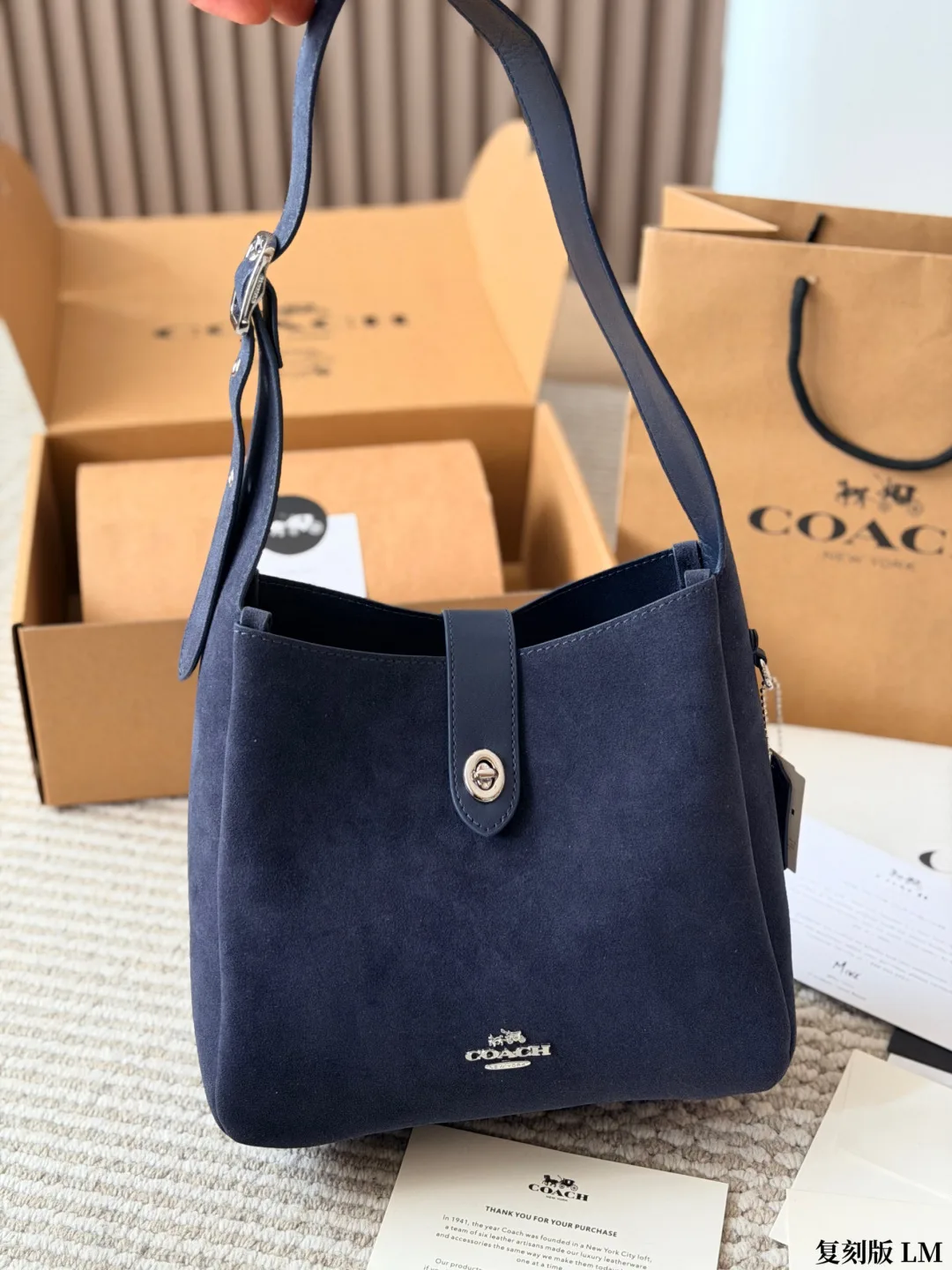 Coach Suede-Effect Bucket Bag in Brown & Blue · view 3
