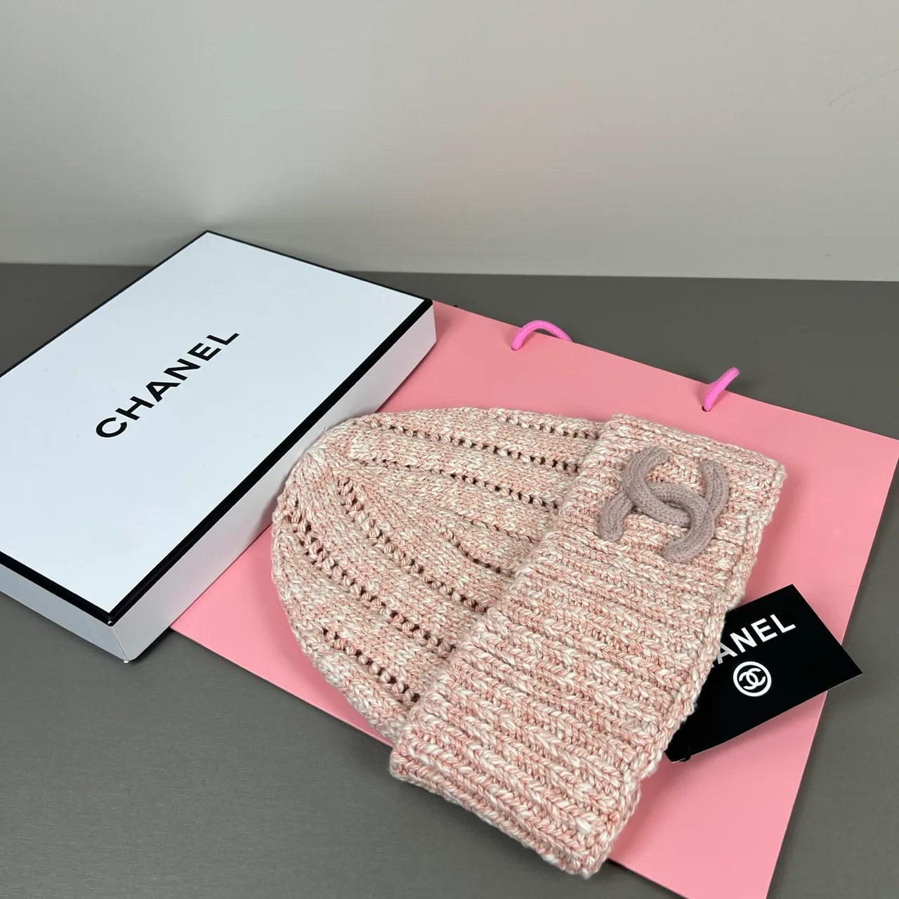 Chanel Raised-logo knit beanie in Black & Pink · view 2
