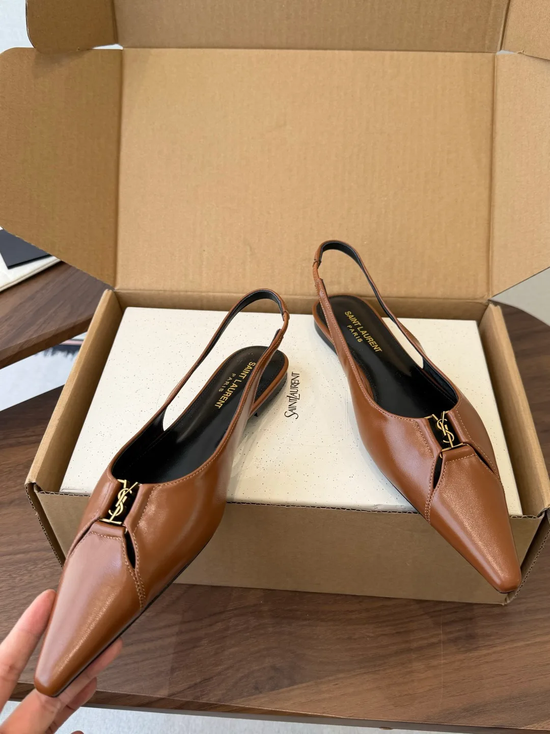Saint Laurent Sheepskin Pointed-Toe Slingback Shoes in Brown · view 5