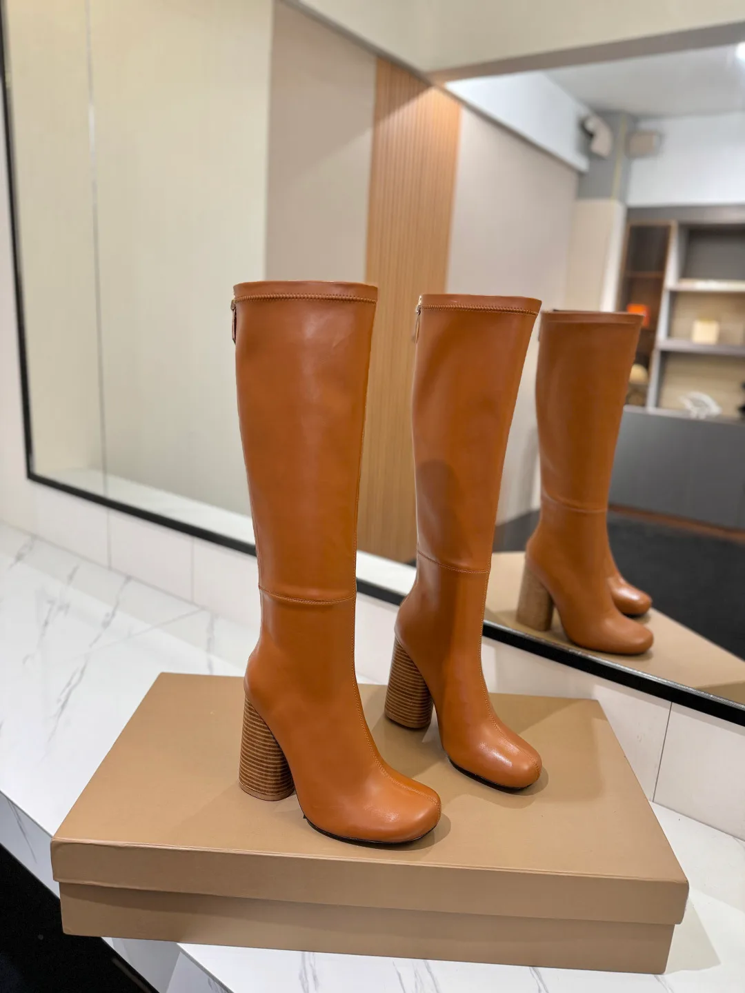 Burberry Glossy Knee-High Boots in Tan · view 1