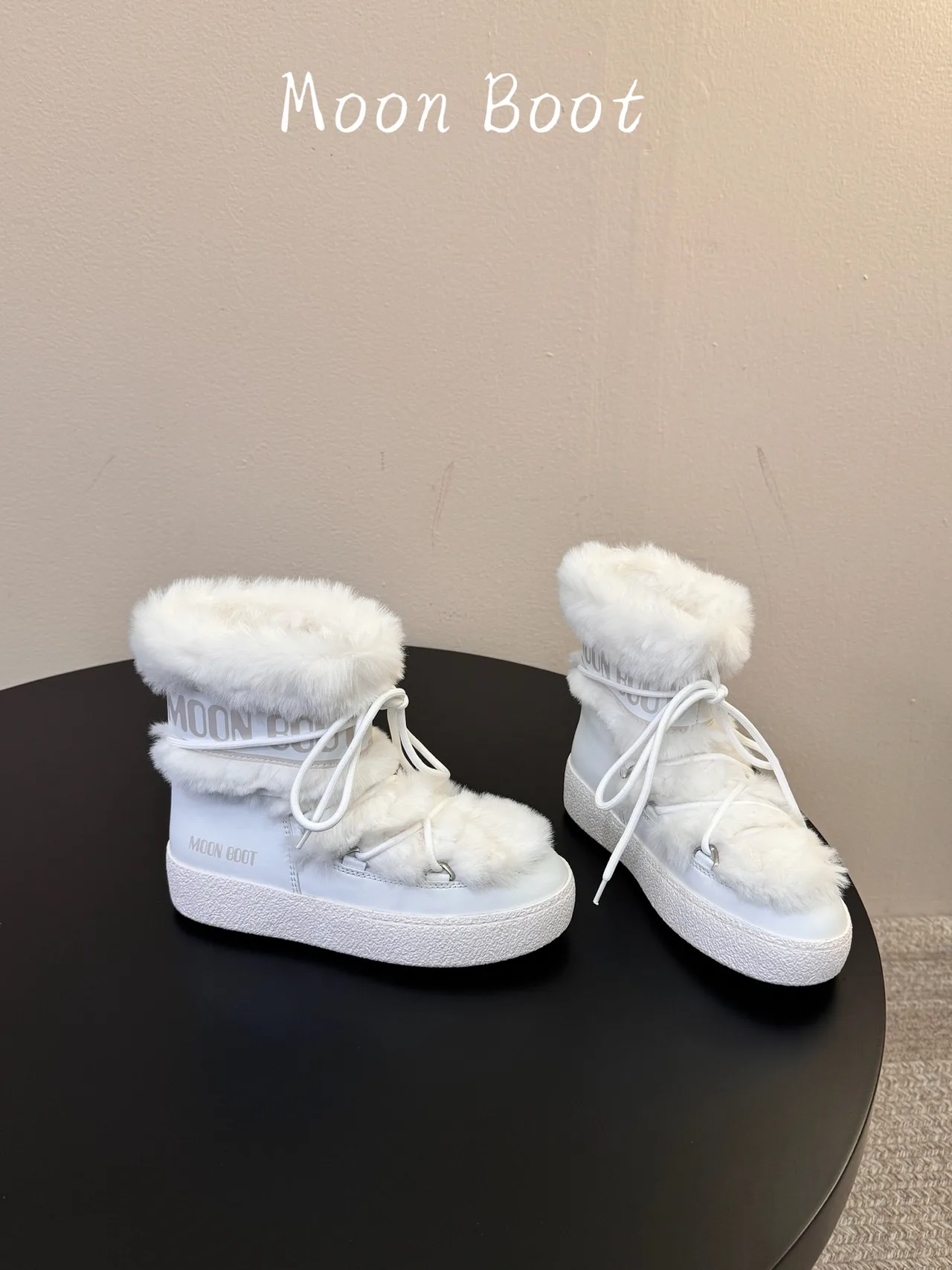 Moon Boot Round-Toe Lace-Up Fleece Boots in White · view 4