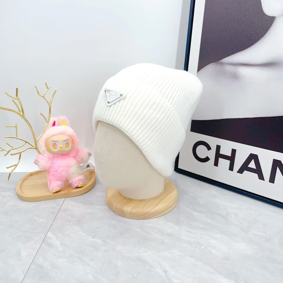 Prada Wool Triangle Logo Knit Beanie in White · view 3