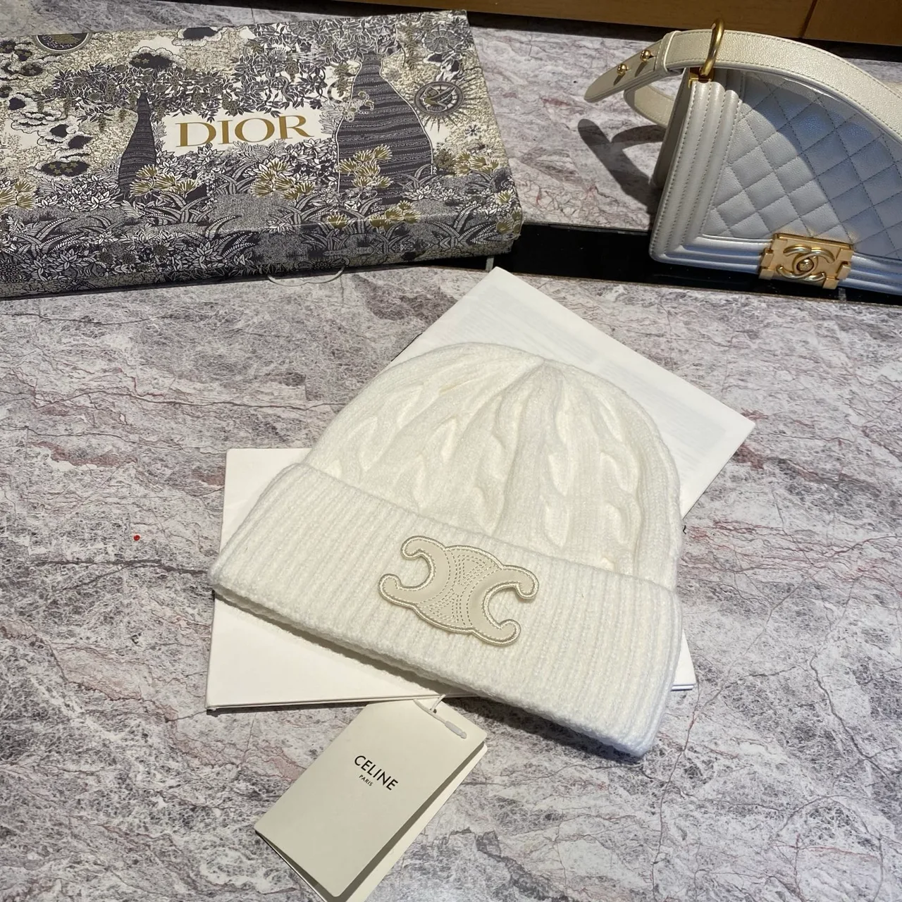 Celine Cable-Knit Triomphe Beanie in Pink & Black & White & Grey & Tan & Blue & Burgundy · view 3