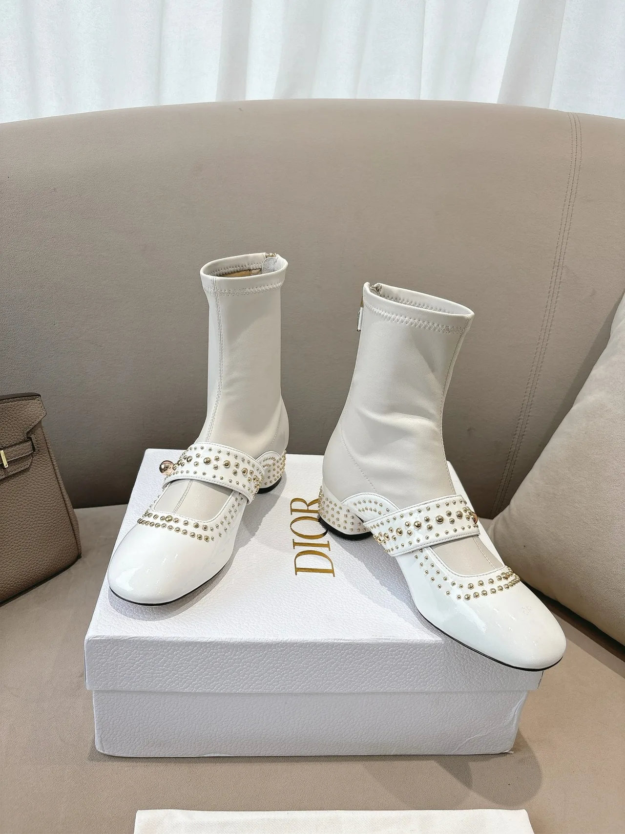 Dior Sheepskin Patent Leather Glossy Studded Ankle Boots in White · view 2