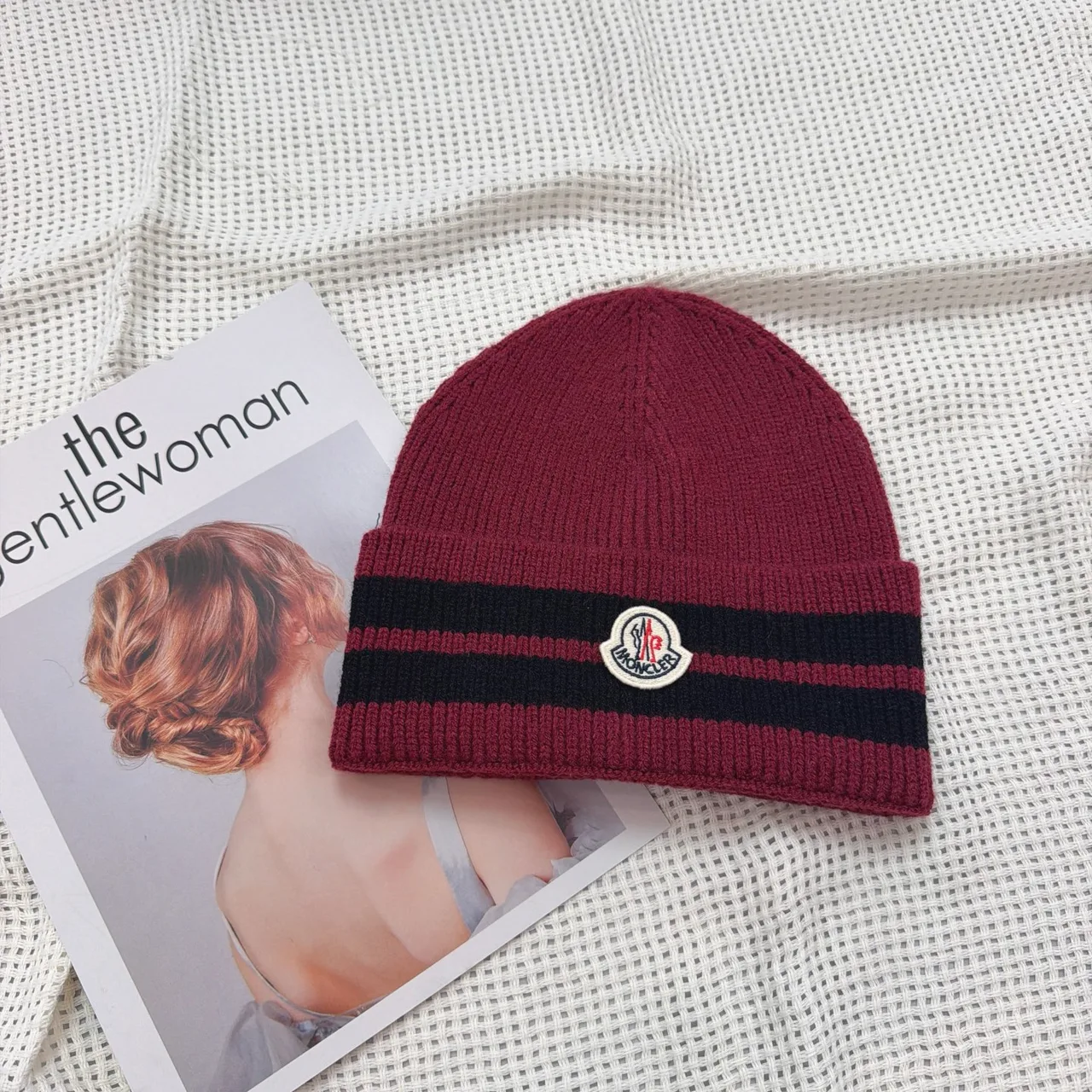 Moncler Striped-Cuff Beanie in Black & White & Brown & Grey & Burgundy & Red & Blue · view 3