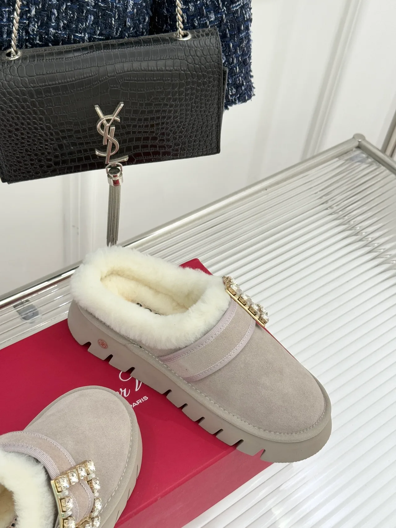 Roger Vivier Wool Buckle Fur-Lined Mules in Grey · view 5