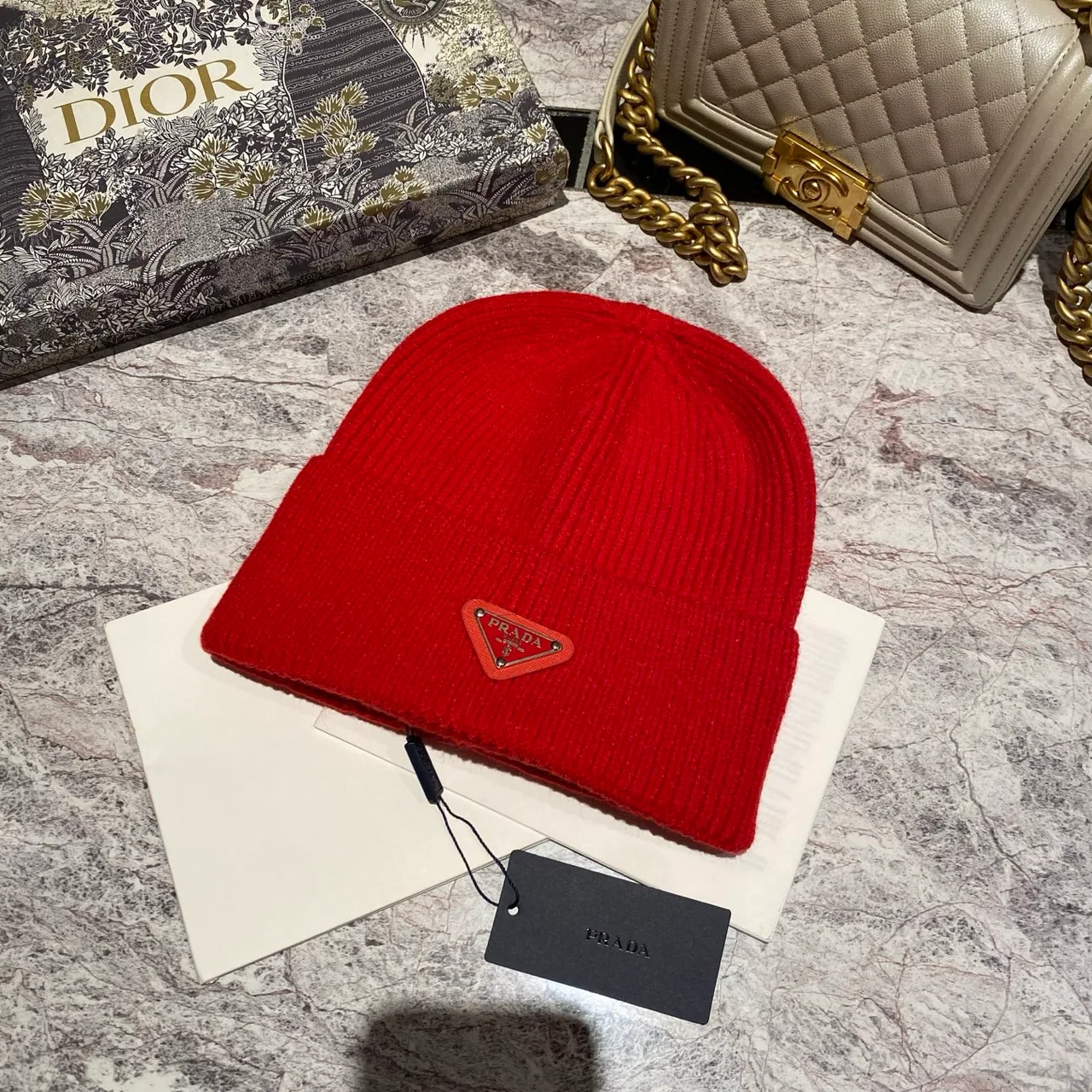 Prada Beanie in Black & White & Red & Grey & Tan · view 3