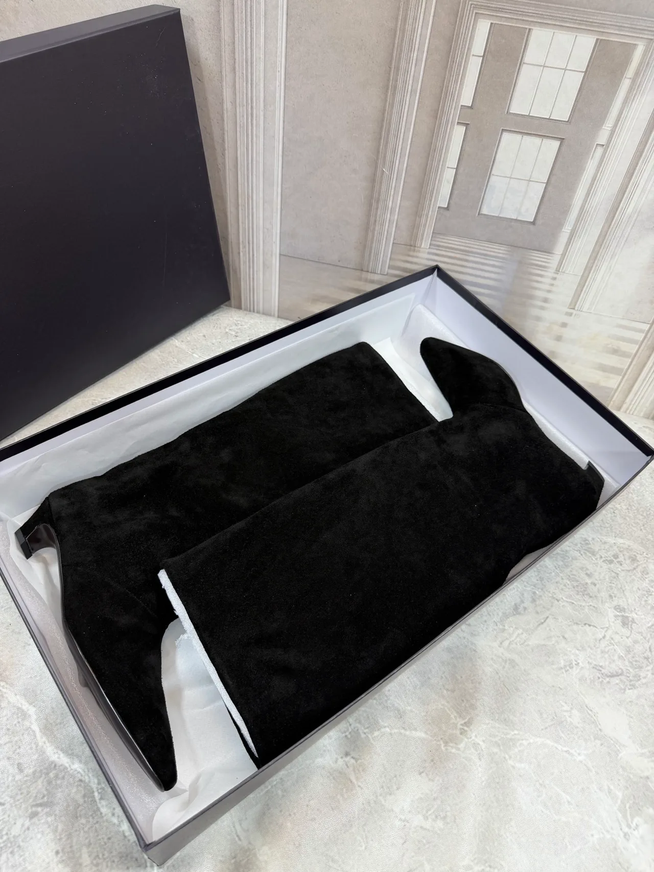 Suede-Look Pointed-Toe Knee-High Block-Heel Boots in Black · view 6