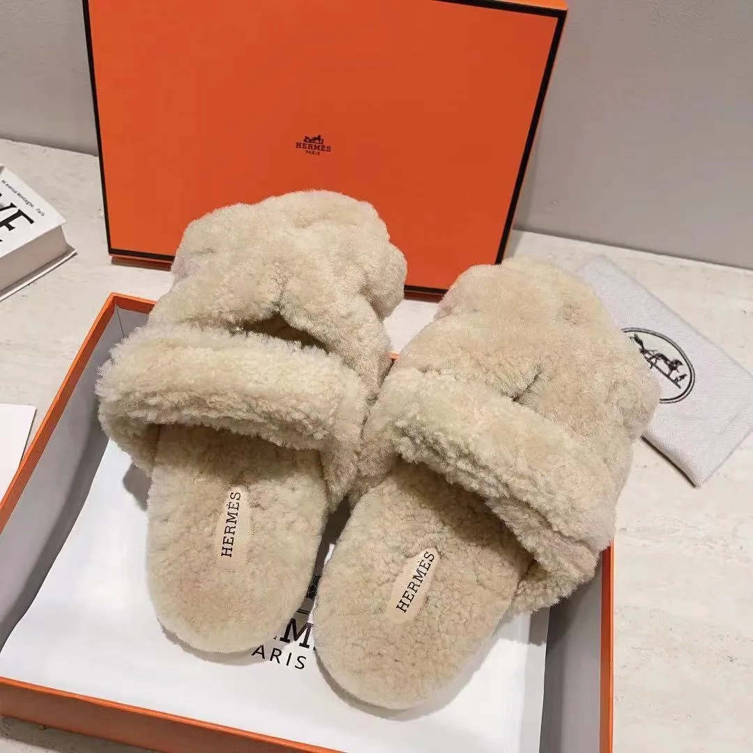 Hermes Sheepskin Chypre Shearling Slides in White · view 2