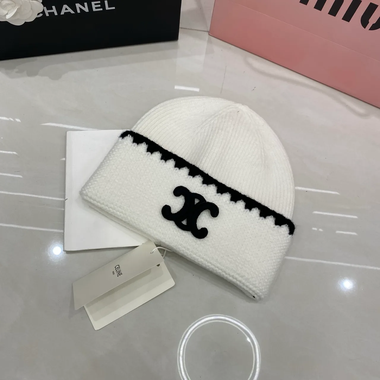 Chanel Knit Beanie in Black & Cream & Grey & Tan · view 2