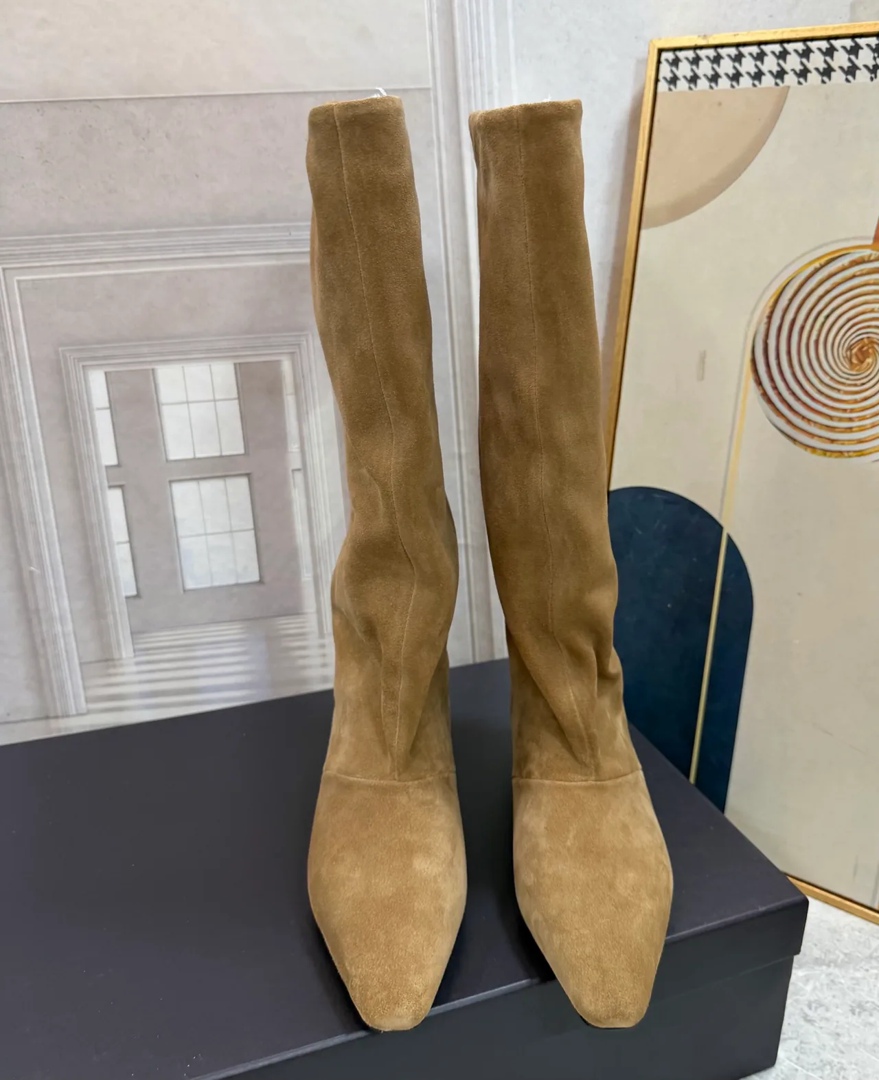 Suede-Look Pointed-Toe Round-Toe Knee-High Block-Heel Boots in Brown · view 5