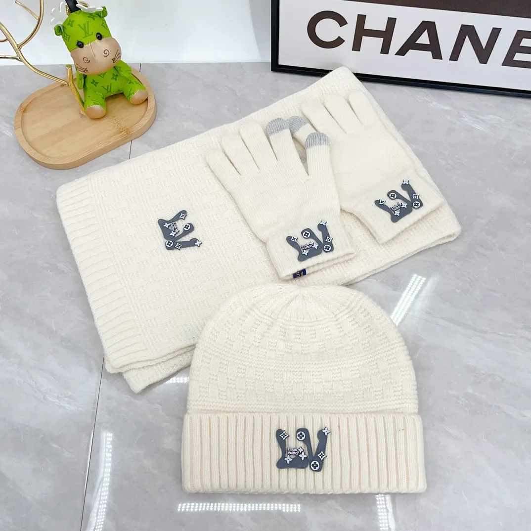 Louis Vuitton Wool Embroidered Hat Scarf and Gloves Set in White · view 1