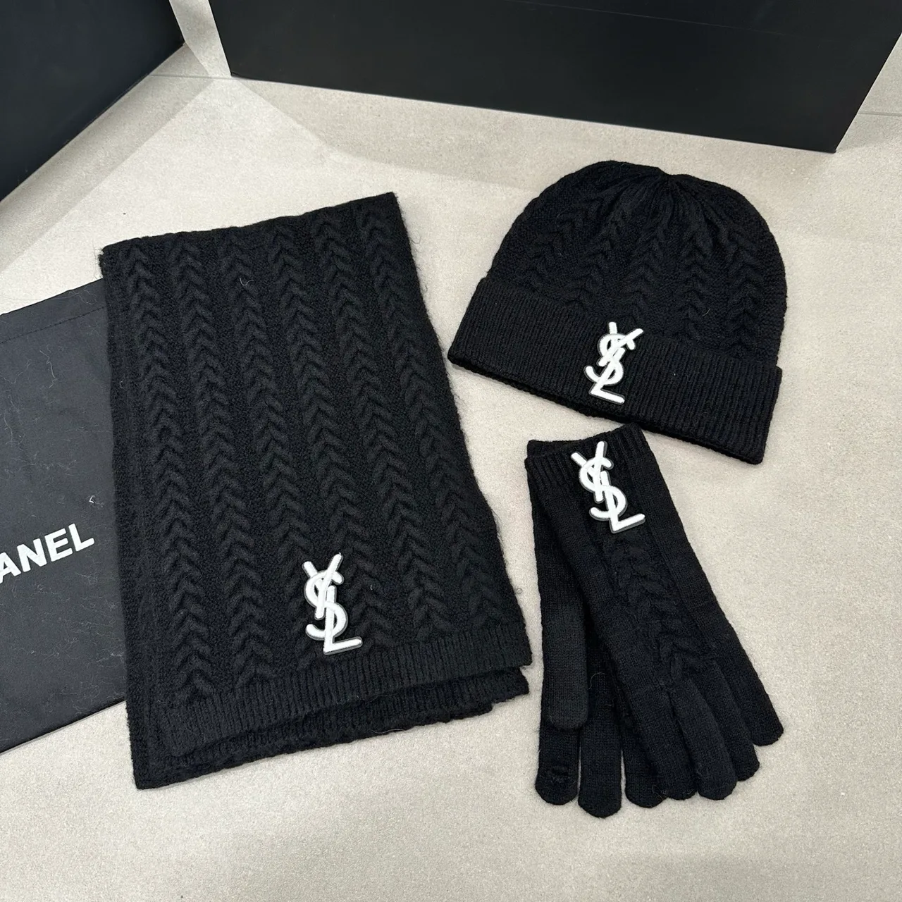 Saint Laurent Hat Scarf and Gloves Set in Black & Grey & Beige & White & Pink & Burgundy · view 1