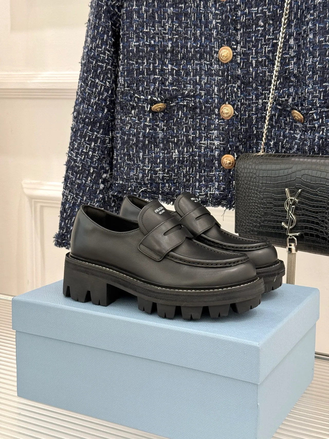 Prada Cowhide Denim Smooth Loafers in Black · view 2