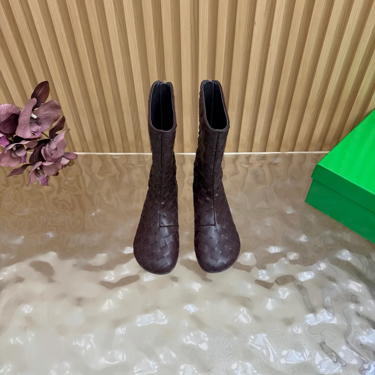 Bottega Veneta Smooth Woven Mid-Calf Boots in Brown · view 4