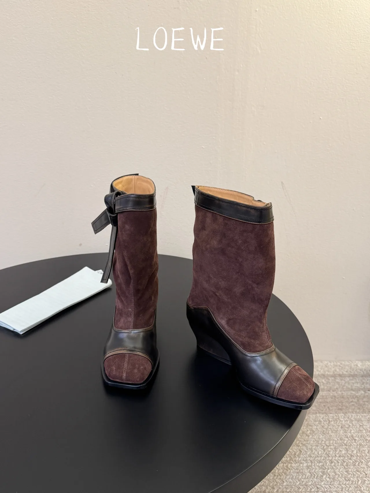Loewe Cowhide Suede-Look Pointed-Toe Bow Ankle Boots in Brown · view 2