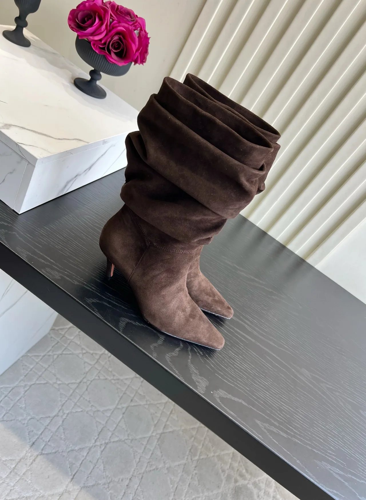Amina Muaddi Cowhide Ribbed Suede-Look Pointed-Toe Ankle Boots in Brown · view 3