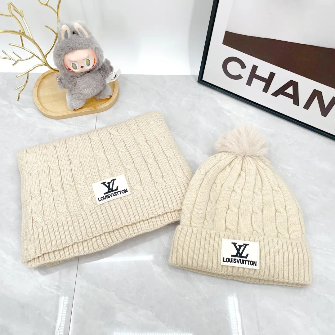 Louis Vuitton Wool Pom-Pom Hat and Scarf Set in Cream · view 3