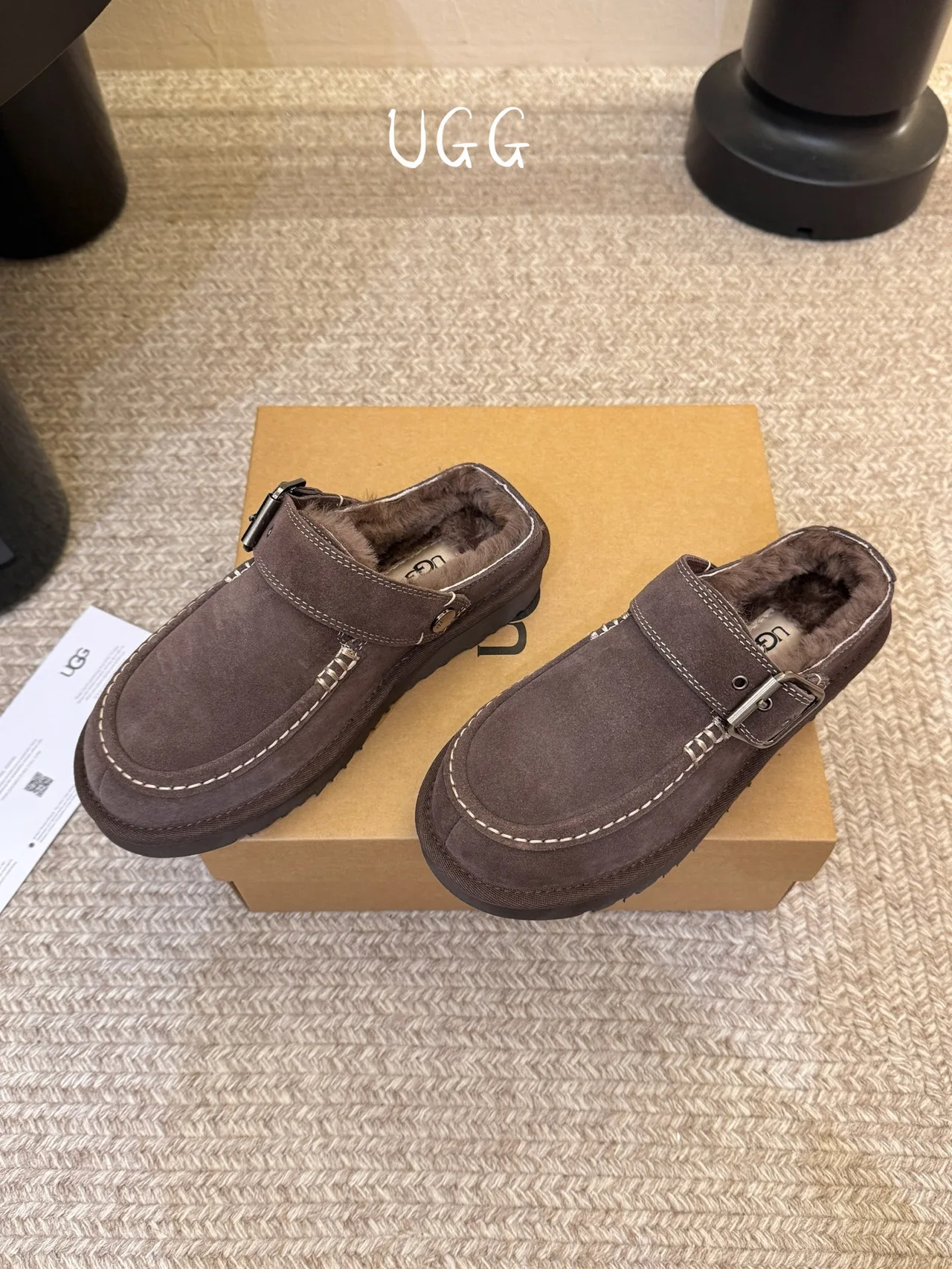 UGG Wool Suede-Look Buckle Lined Loafer Mules in Brown · view 4