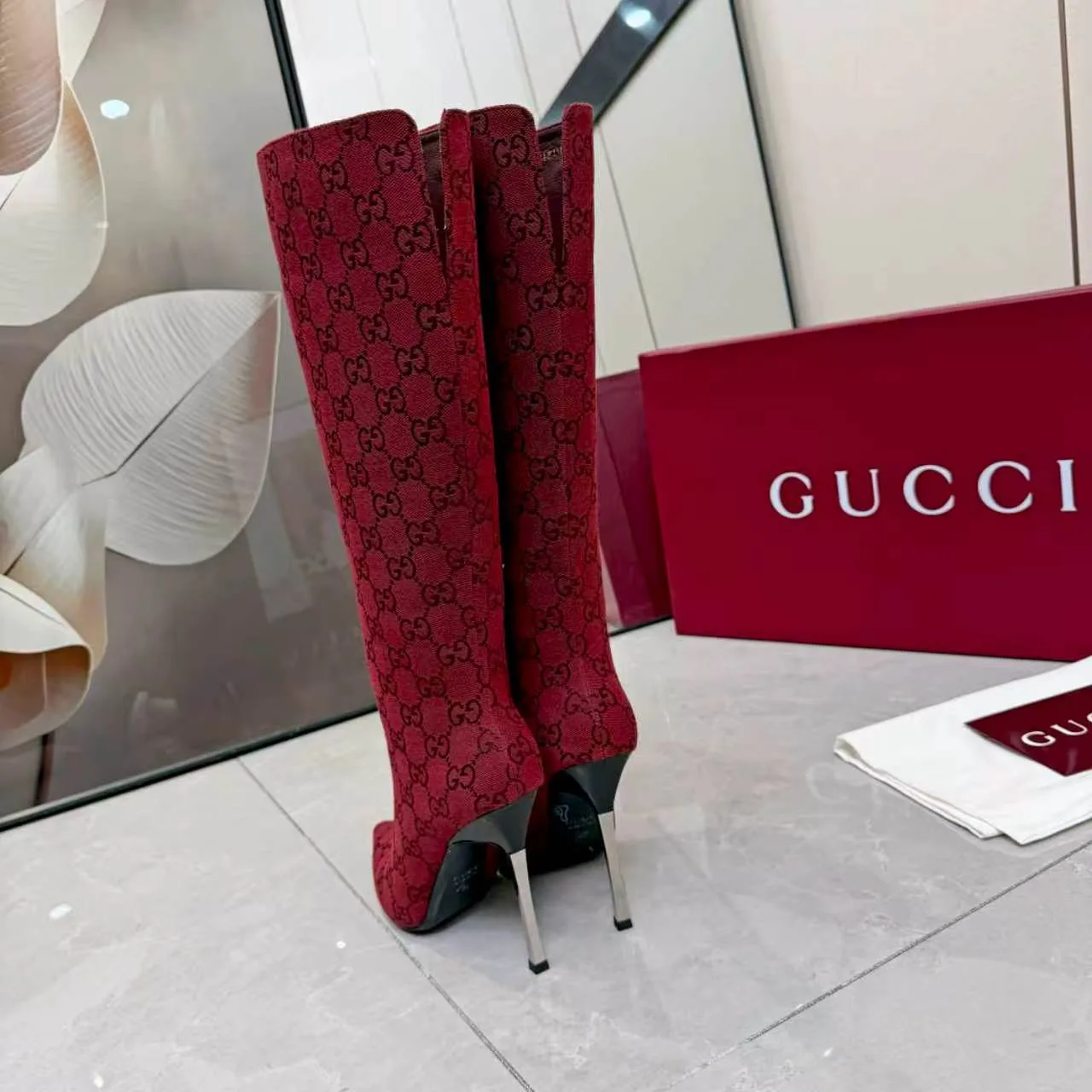 Gucci Cowhide Pointed-Toe Knee-High Boots in Red · view 6