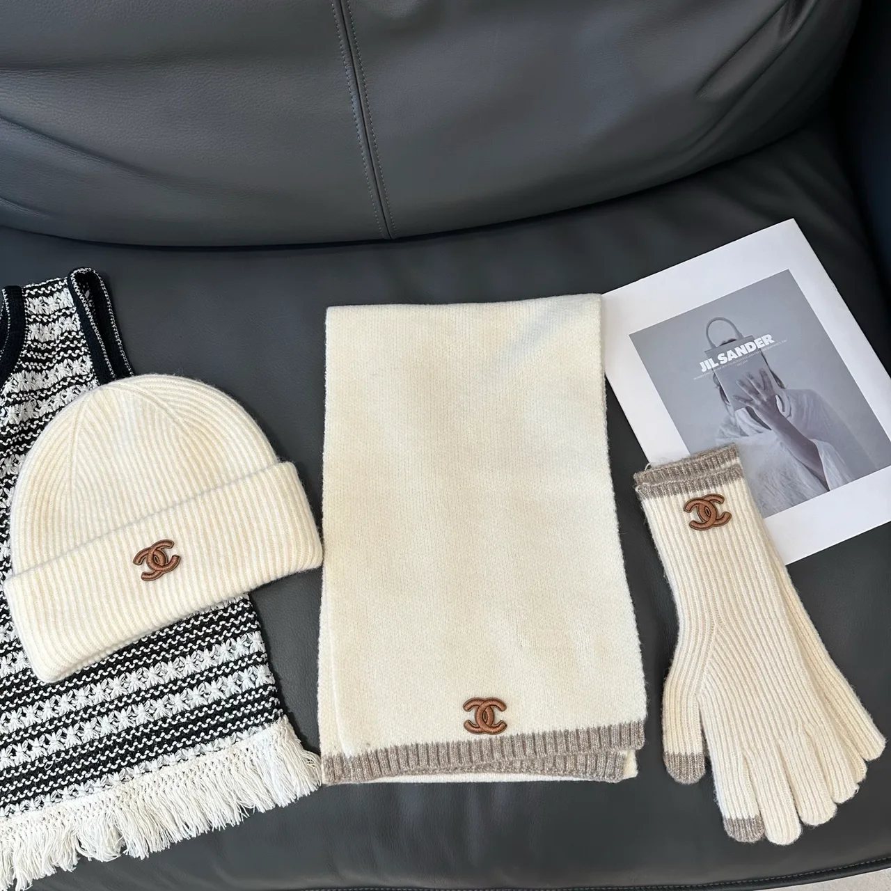 Chanel Hat Scarf and Gloves Set in Beige & Black & Burgundy & White · view 4