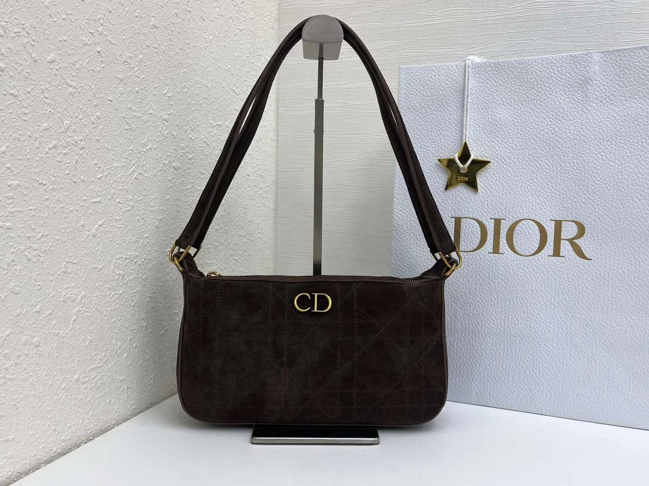 Dior Quilted Suede-Look Hobo Bag in Brown · view 1