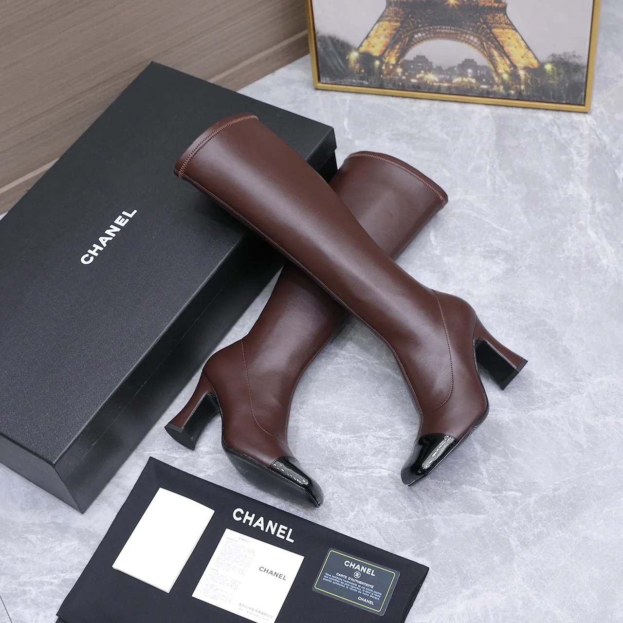 Chanel Cowhide Glossy Square-Toe Knee-High Boots in Brown · view 6