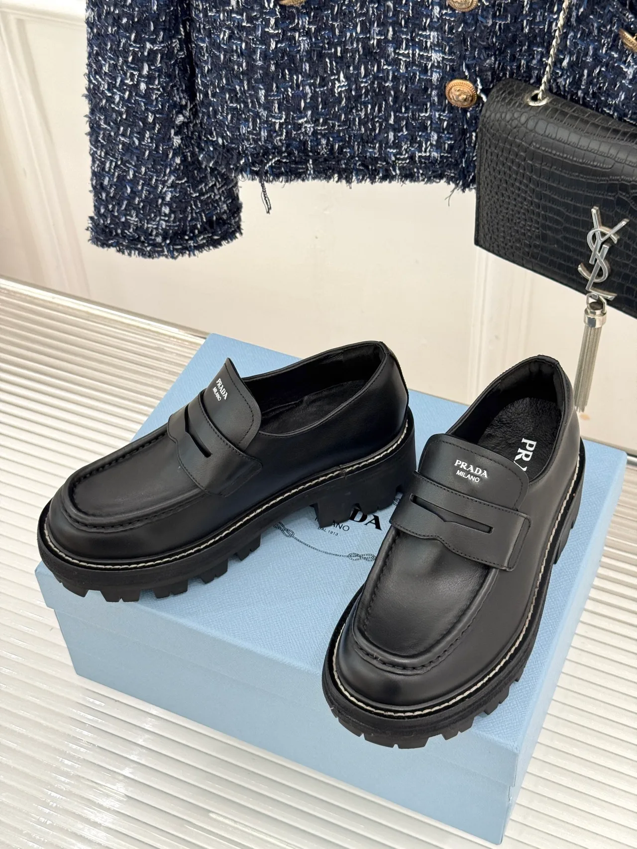 Prada Cowhide Denim Smooth Loafers in Black · view 3