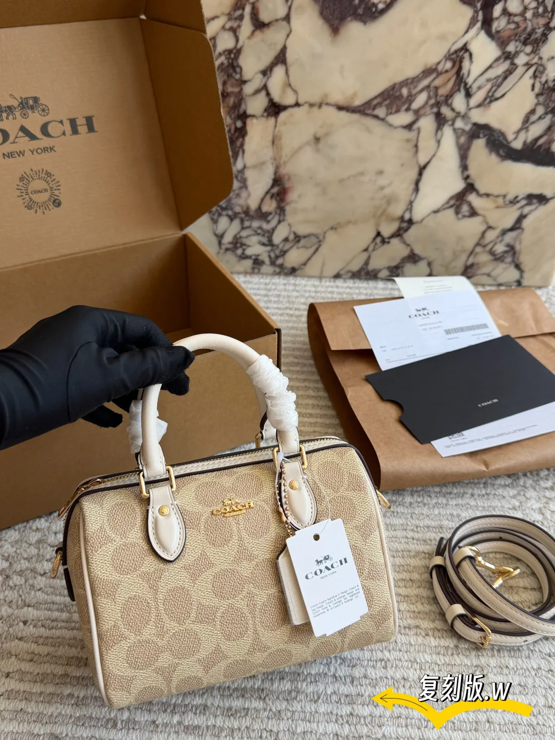 Coach Mini Rowan Satchel in Beige & White & Tan & Black · view 4