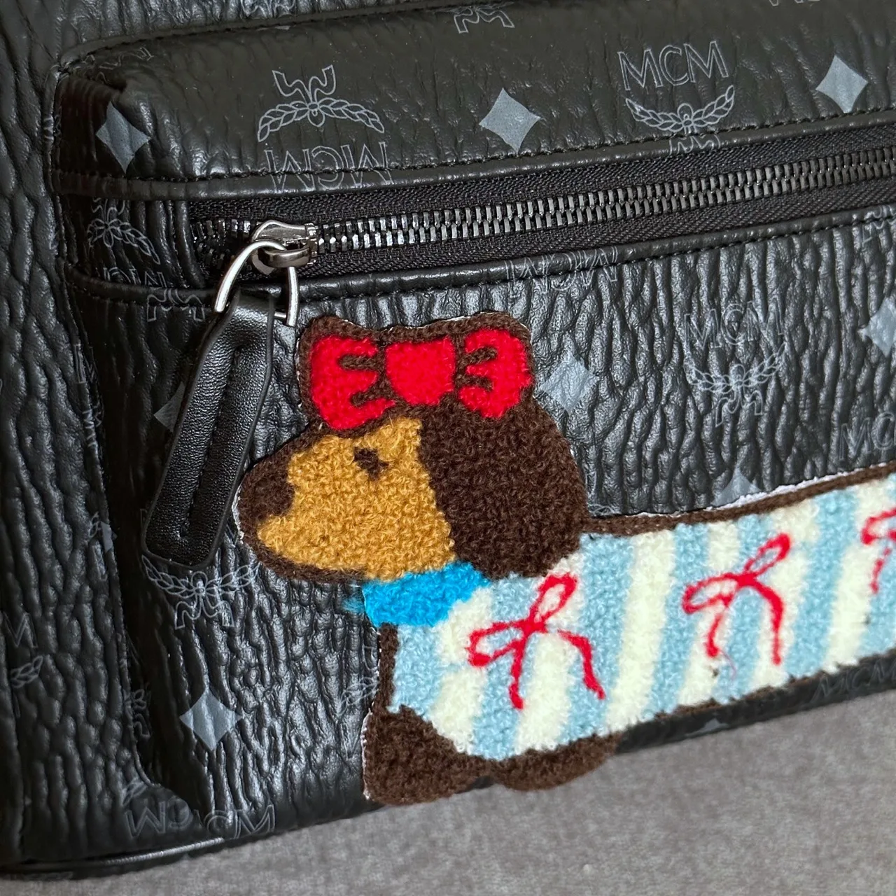MCM Bear Embroidered Backpack in Black · view 5
