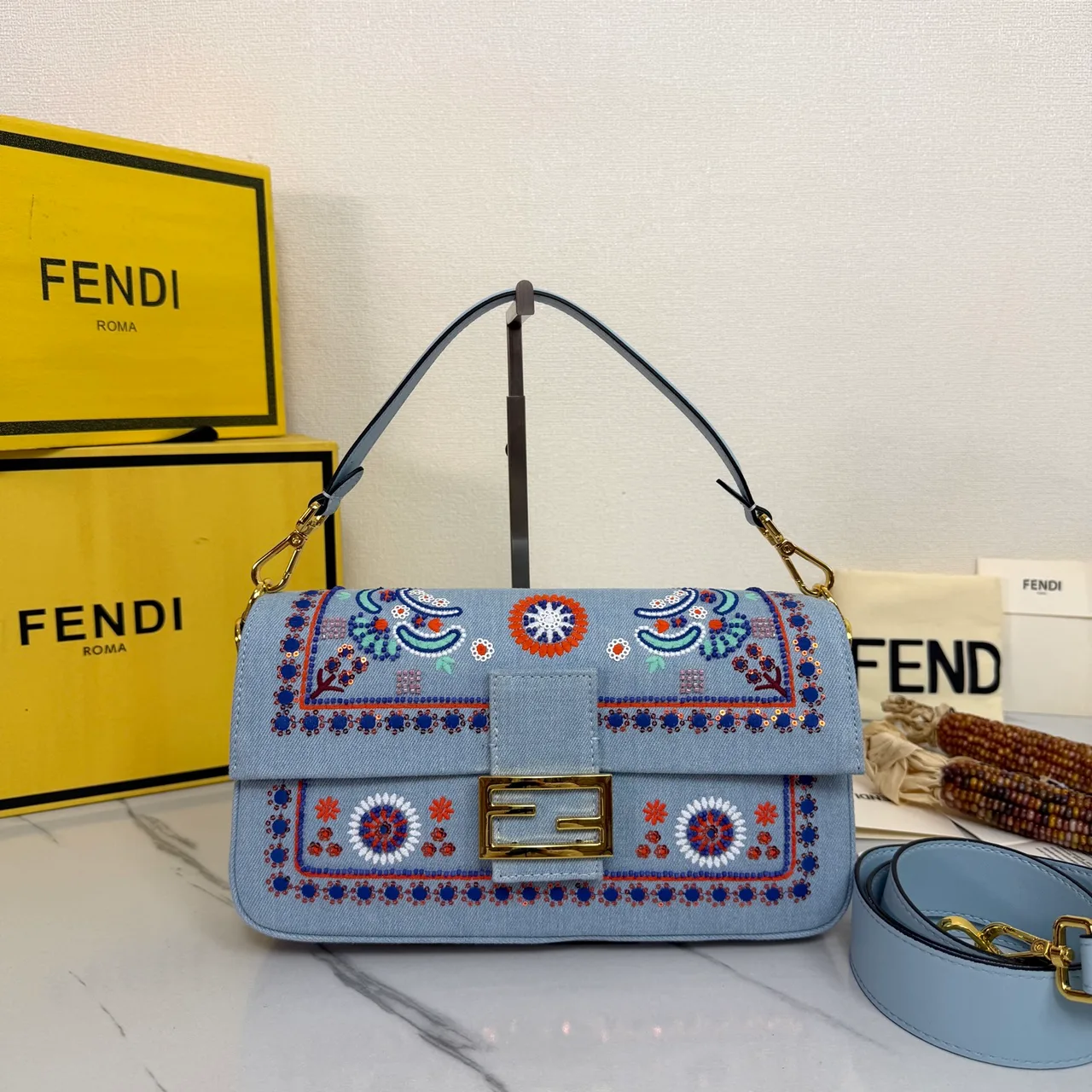 Fendi Baguette Embroidered Floral Flap Shoulder Bag in Blue · view 1