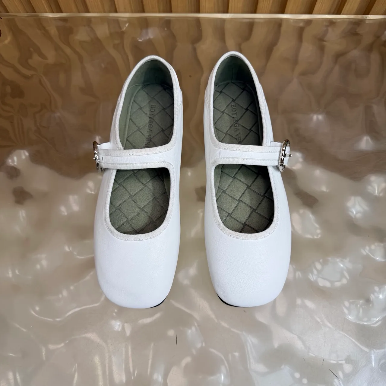 Bottega Veneta Sheepskin Quilted Glossy Square-Toe Buckle Mary Jane Flats in White · view 6