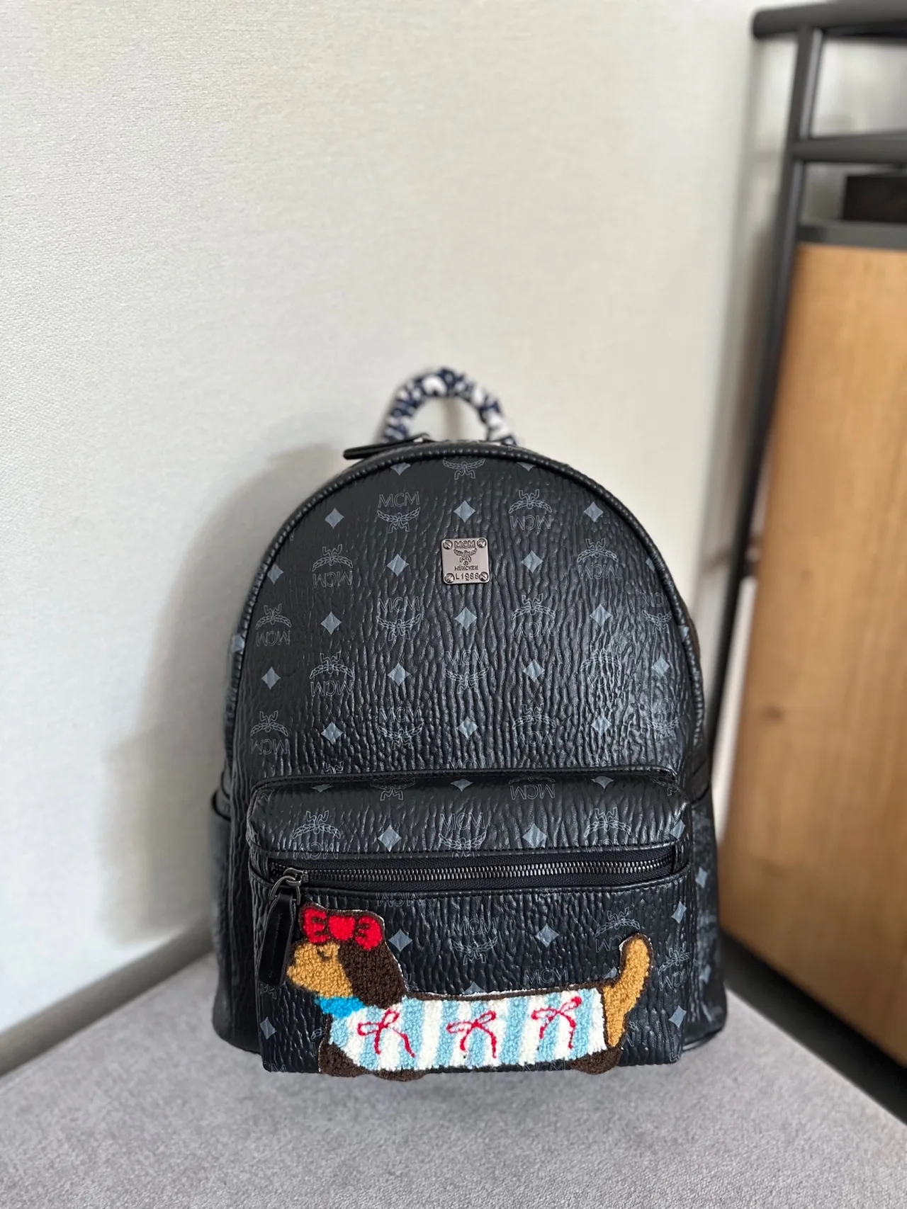 MCM Bear Embroidered Backpack in Black · view 1