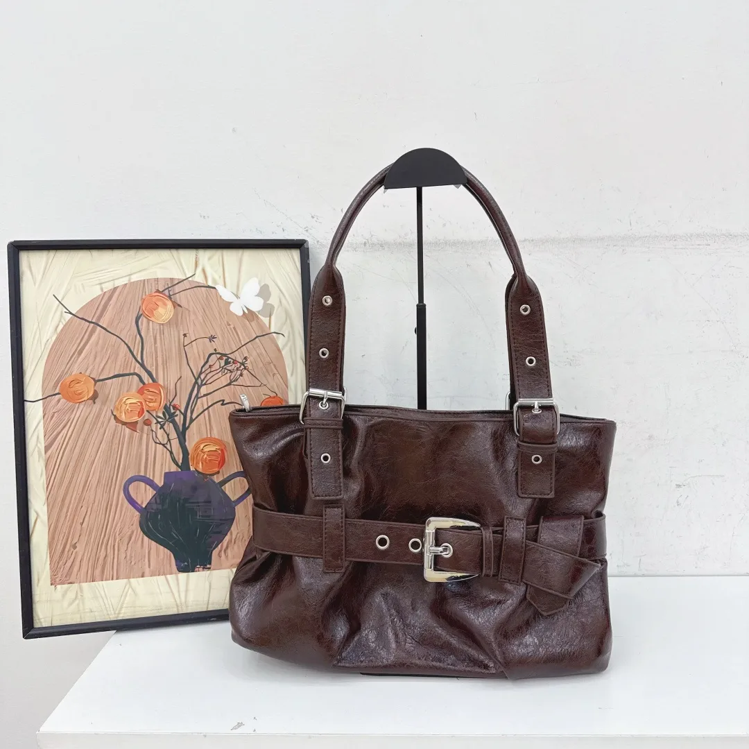 Buckle-Strap Shoulder Tote in Red & Black & Brown & White · view 5