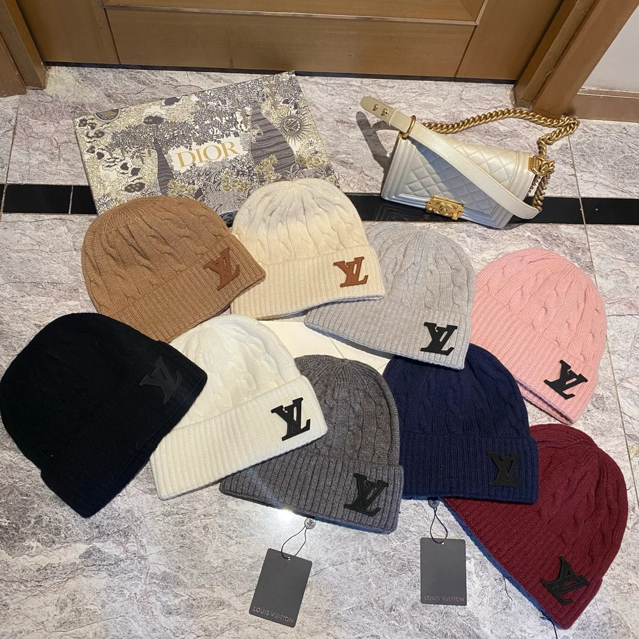 Louis Vuitton Cable-Knit Beanie in Black & White & Grey & Tan & Blue & Burgundy & Pink · view 8