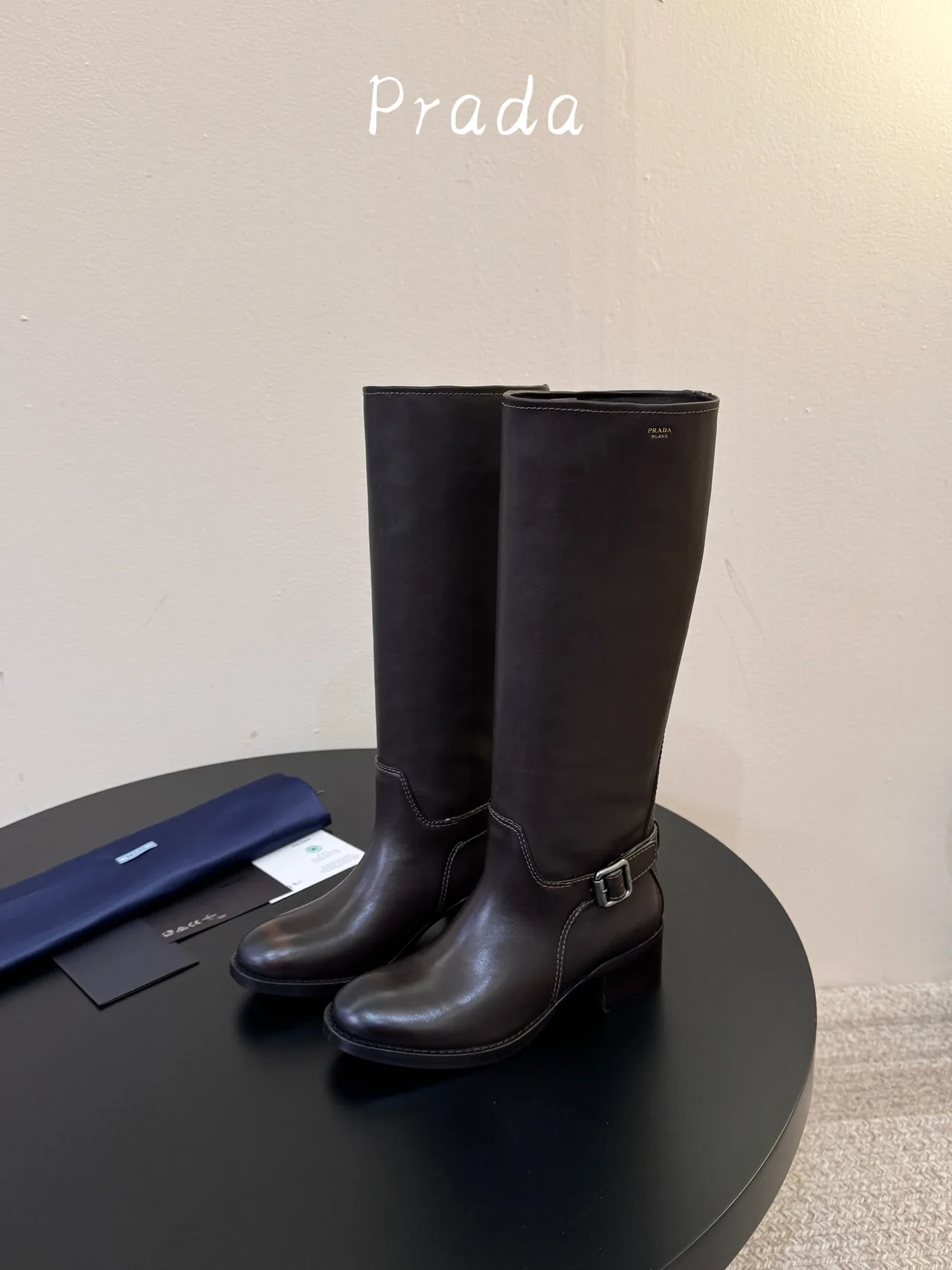Prada Cowhide Glossy Pointed-Toe Buckle Knee-High Boots in Brown · view 5