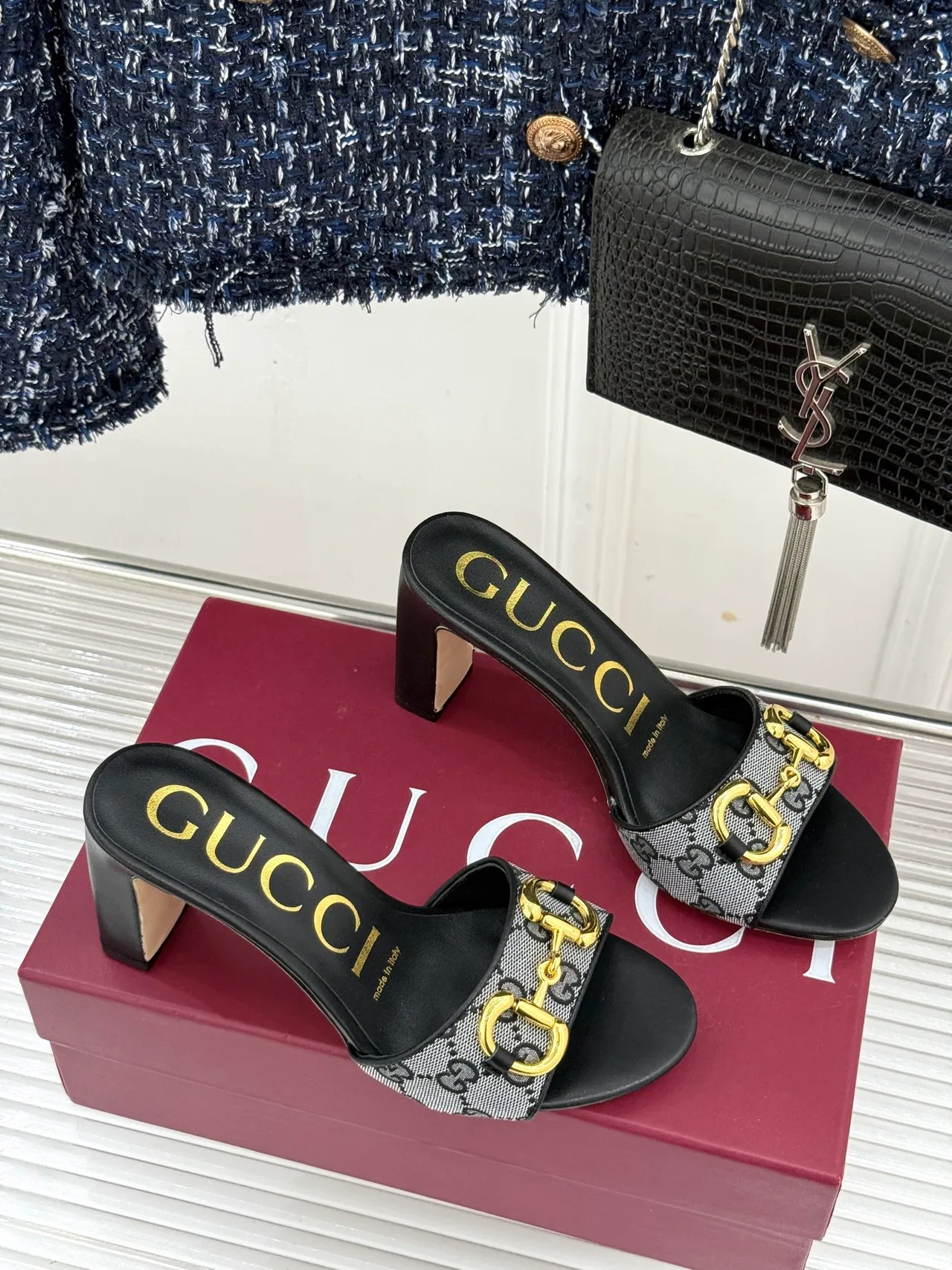 Gucci Canvas Denim Glossy Mules in Black · view 3