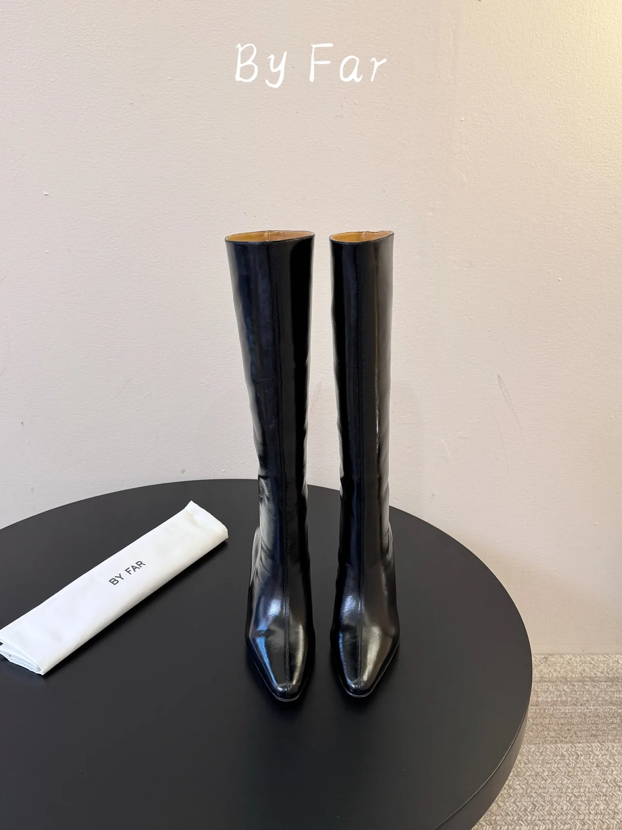 By Far Glossy Pointed-Toe Lace-Up Knee-High Boots in Black · view 1