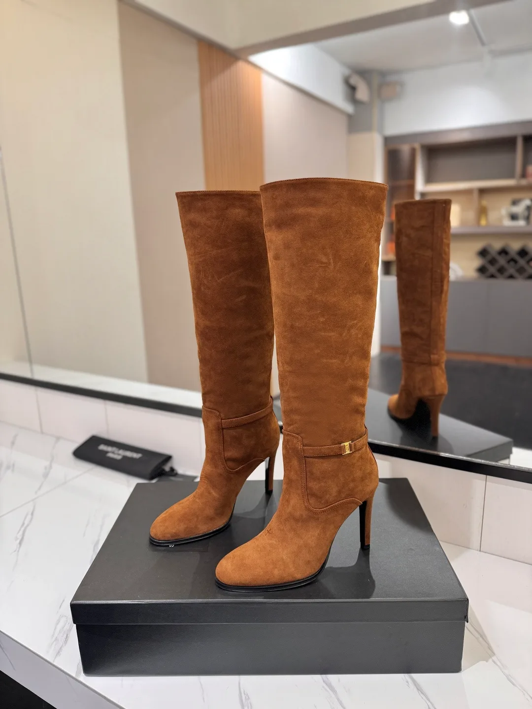 Saint Laurent Cowhide Sheepskin Glossy Suede-Look Buckle Knee-High Boots in Brown · view 2