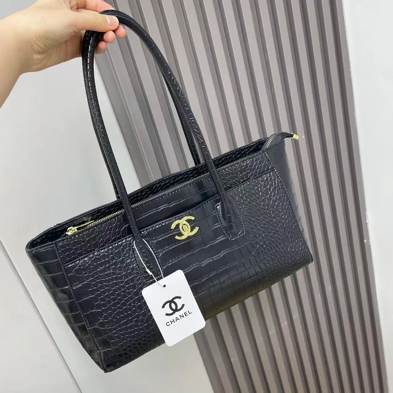 Chanel Croc-Texture Tote in Brown & White & Burgundy & Black · view 6