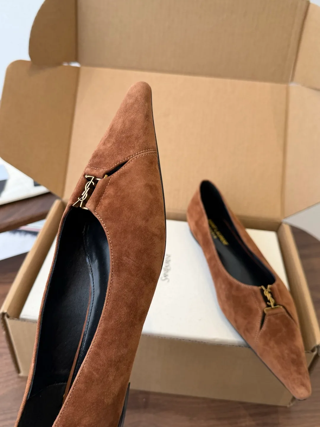 Saint Laurent Sheepskin Suede-Look Pointed-Toe Flats in Brown · view 6