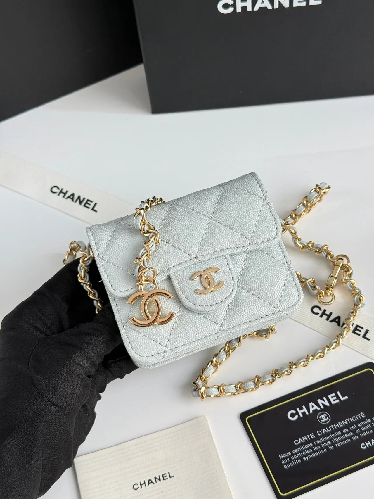 Chanel Quilted Chain Mini Wallet in Blue · view 4