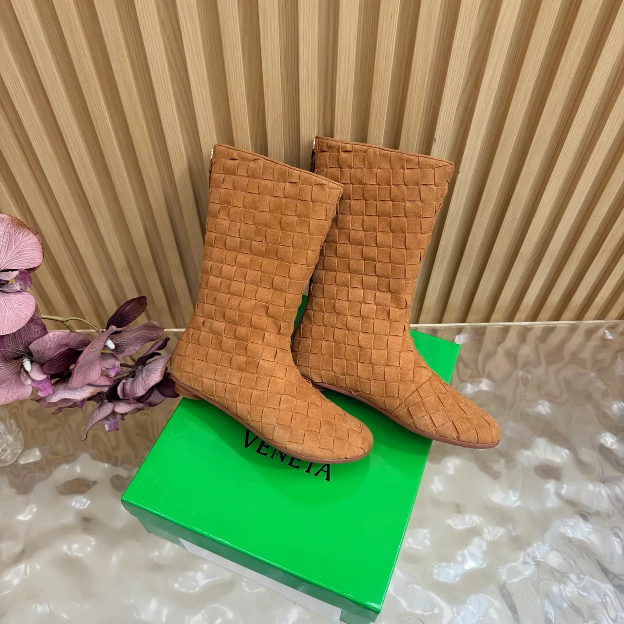 Bottega Veneta Quilted Woven Round-Toe Ankle Boots in Tan · view 3
