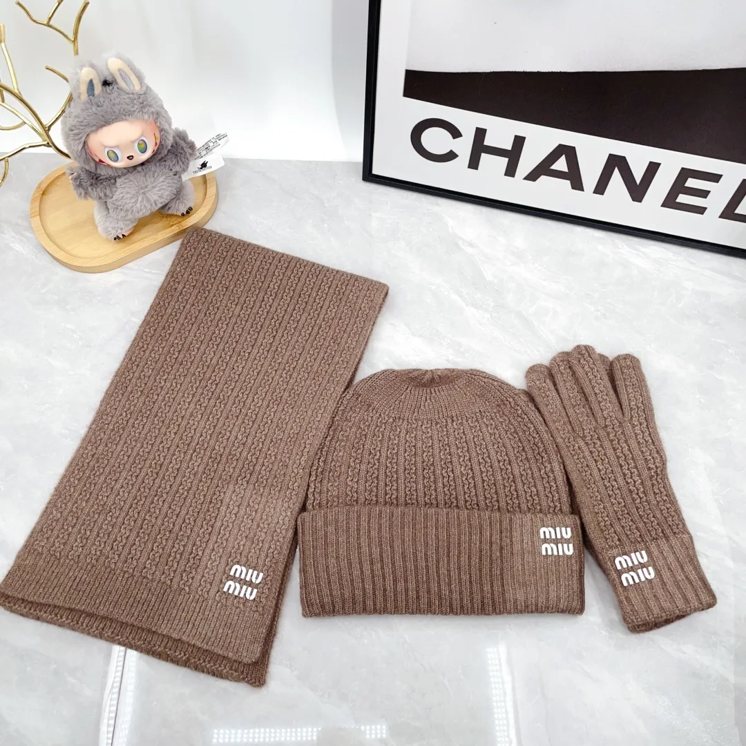 Miu Miu Wool Embroidered Hat Scarf and Gloves Set in Brown · view 1