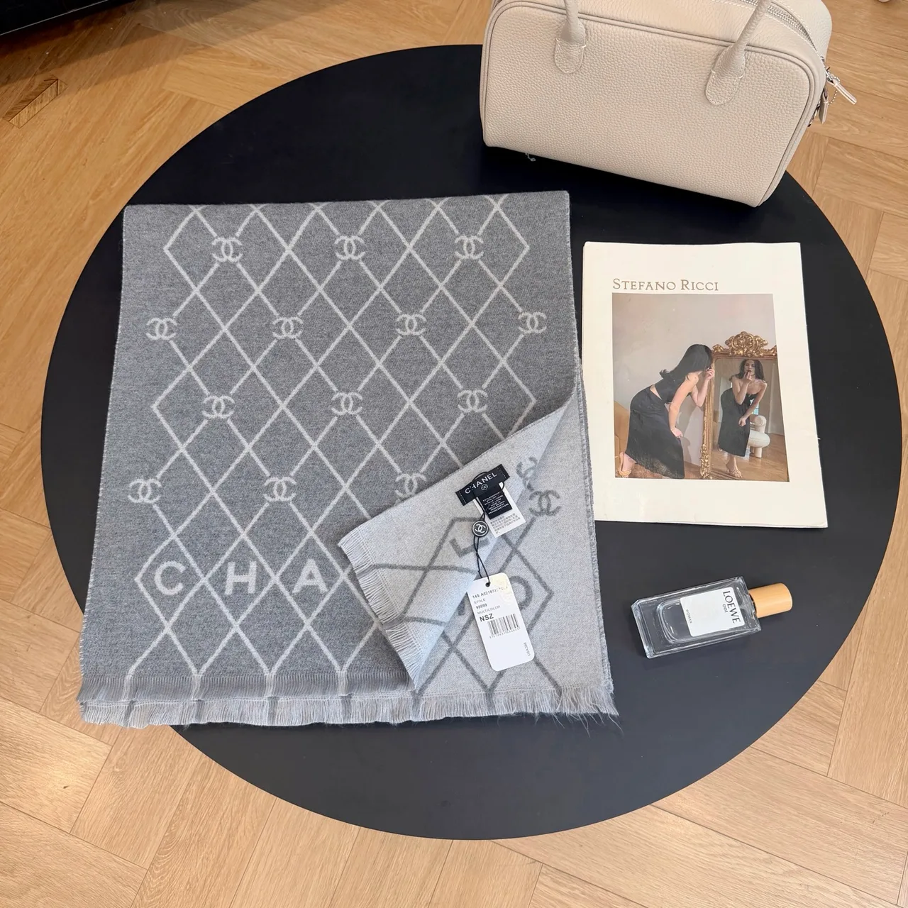 Chanel Diamond CC Fringe Scarf in Brown & Grey & Black & Beige · view 2