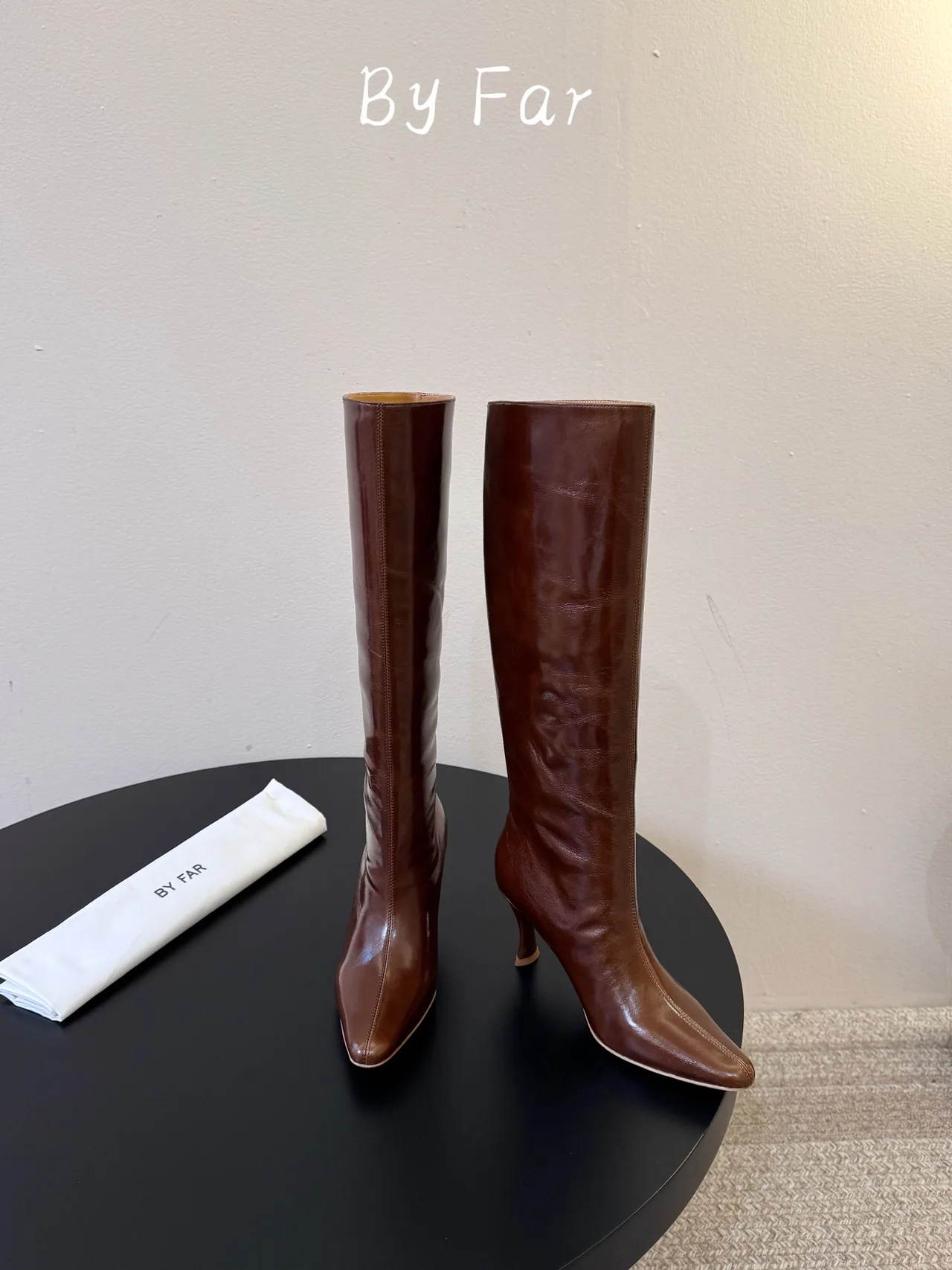 By Far Glossy Pointed-Toe Knee-High Boots in Brown · view 2